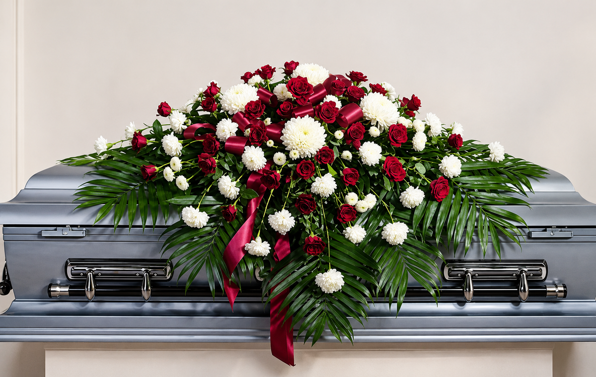 BF-1068- RED AND WHITE SERENITY CASKET SPRAY
