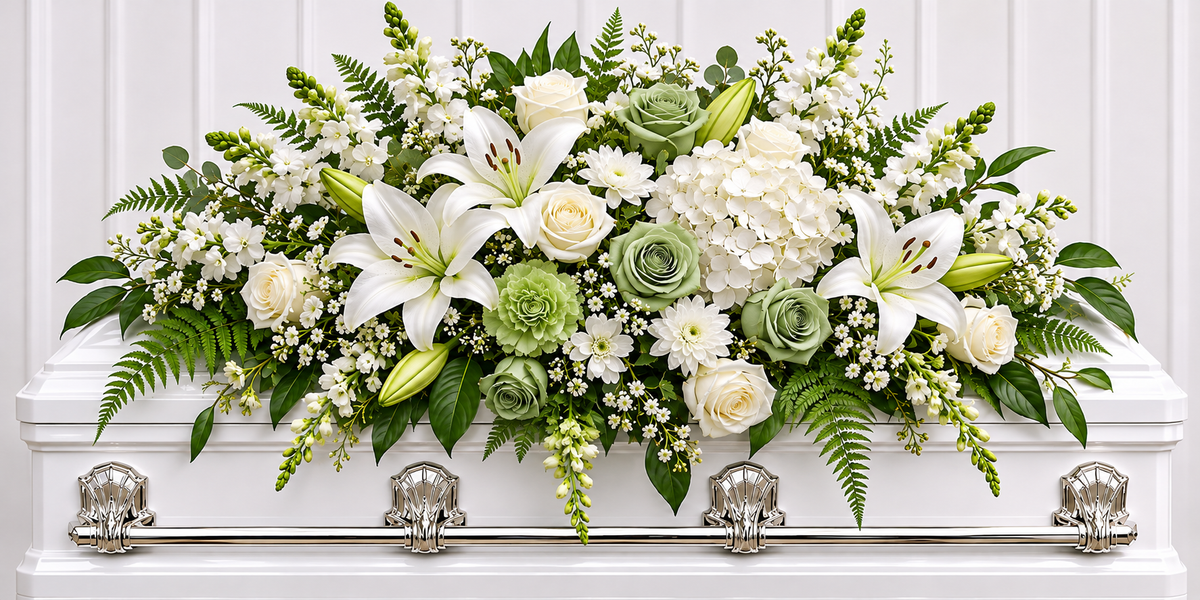 BF-1072- SAGE GREEN AND WHITE CASKET  SPRAY